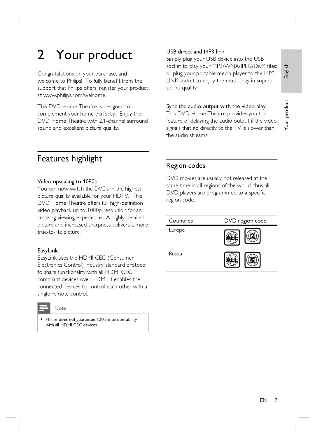 Philips HTS4600/12 manual Your product, Features highlight, Region codes 