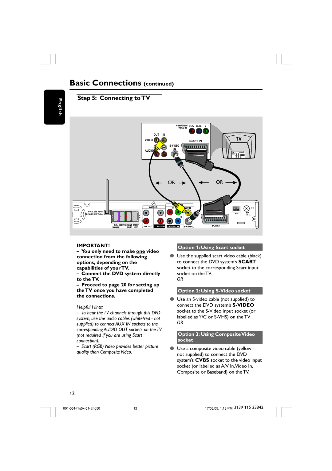 Philips HTS5000W user manual Connecting to TV, Option 1 Using Scart socket, Option 2 Using S-Video socket 