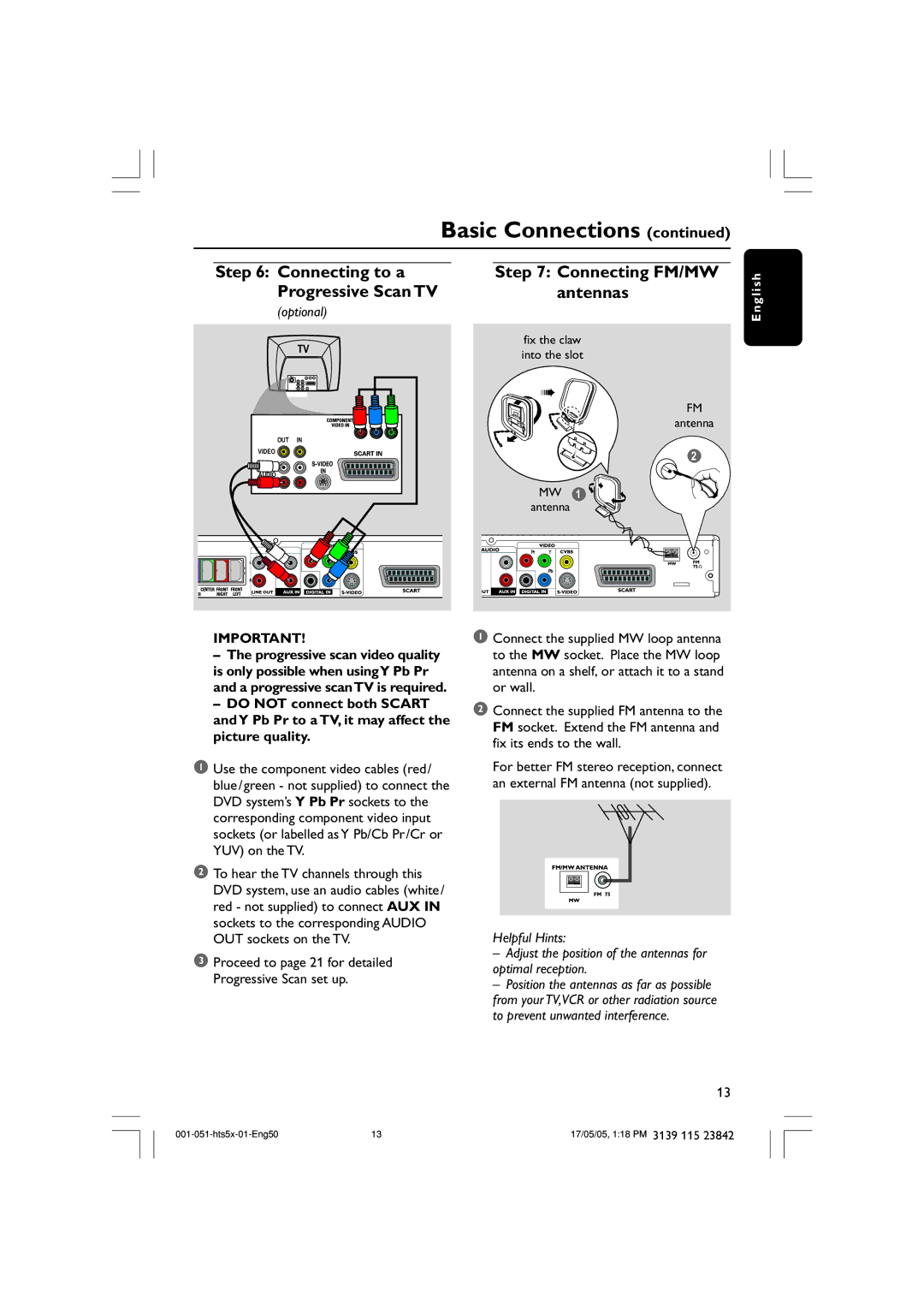 Philips HTS5000W Connecting to a Connecting FM/MW, Antennas, Proceed to page 21 for detailed Progressive Scan set up 