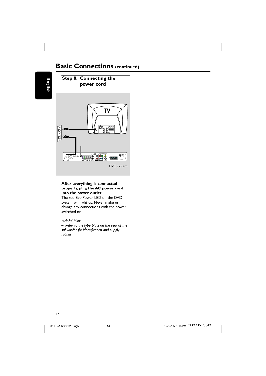 Philips HTS5000W user manual Connecting the power cord, DVD system 