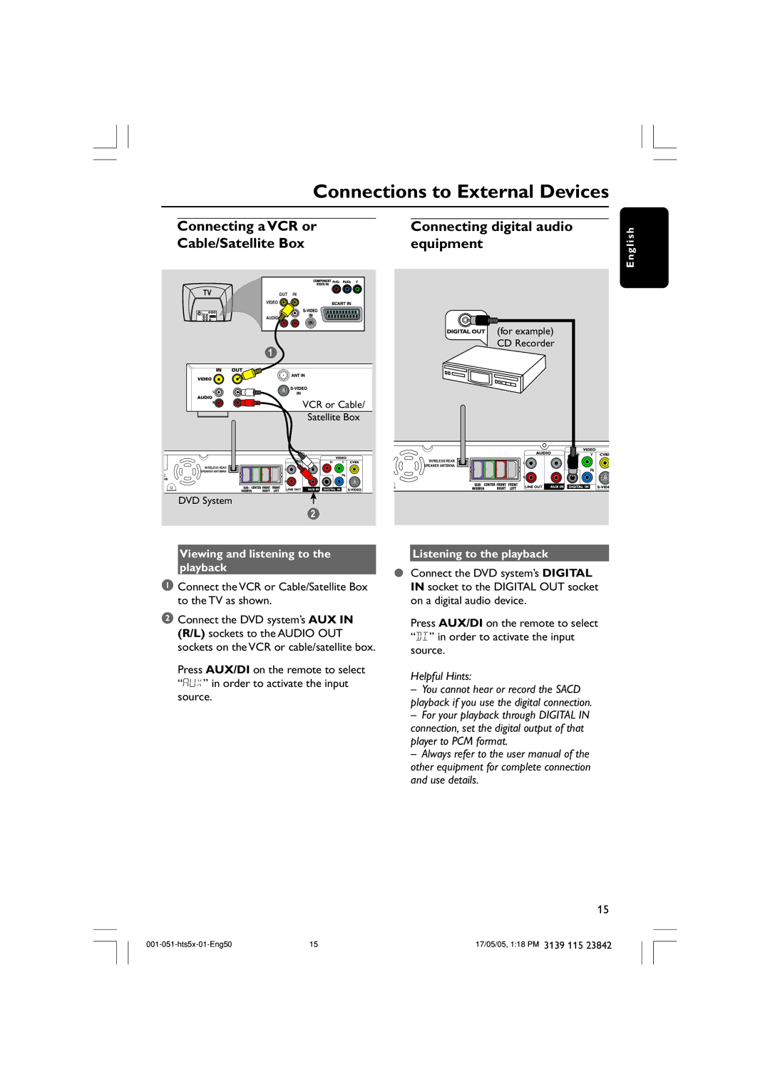 Philips HTS5000W user manual Connections to External Devices, Connecting a VCR or, Cable/Satellite Box Equipment 