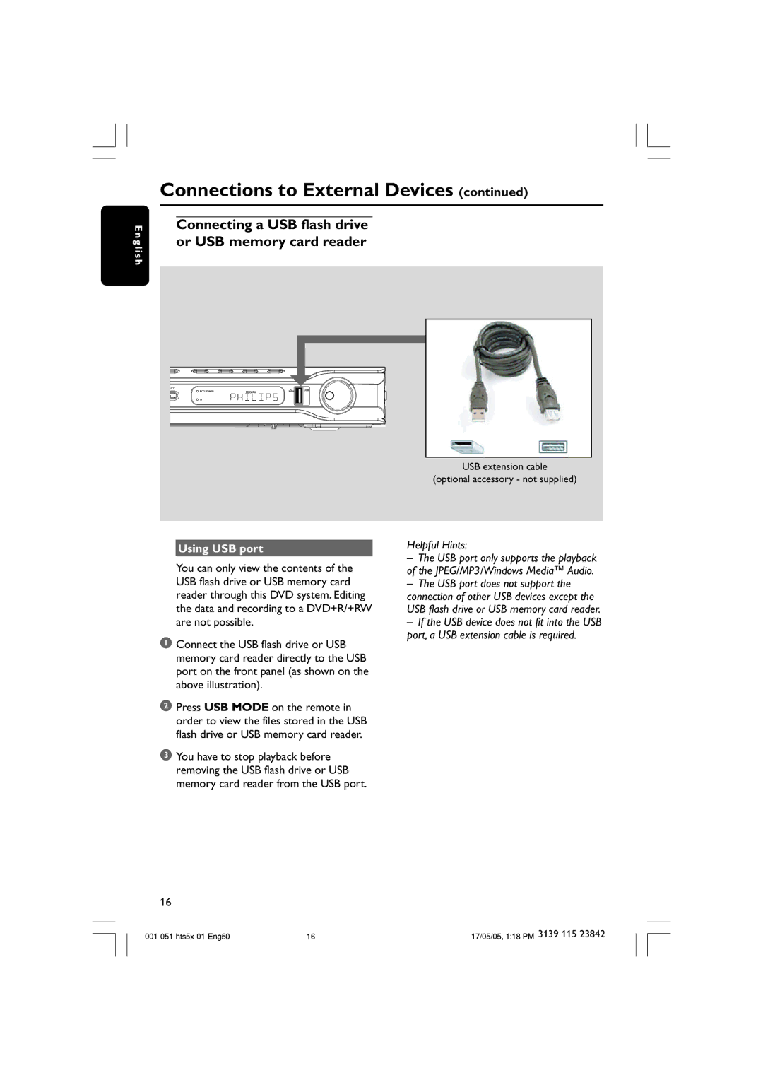 Philips HTS5000W user manual Using USB port, USB extension cable Optional accessory not supplied 