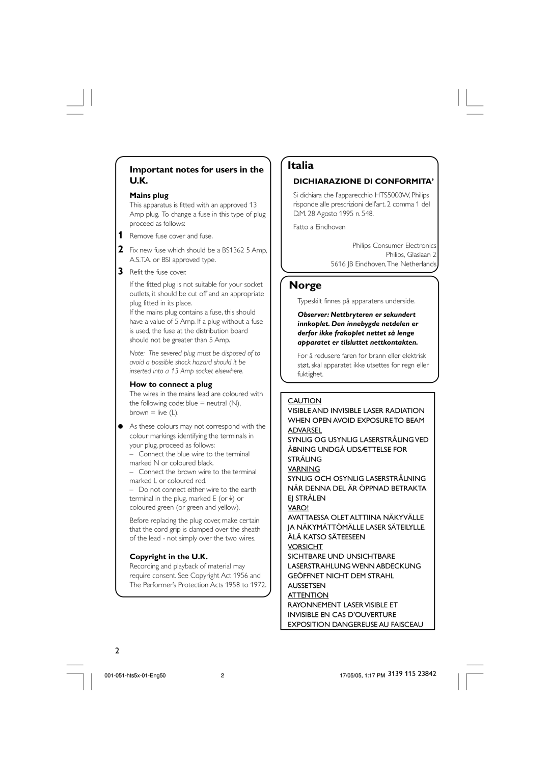 Philips HTS5000W user manual Important notes for users in the U.K, Typeskilt finnes på apparatens underside 