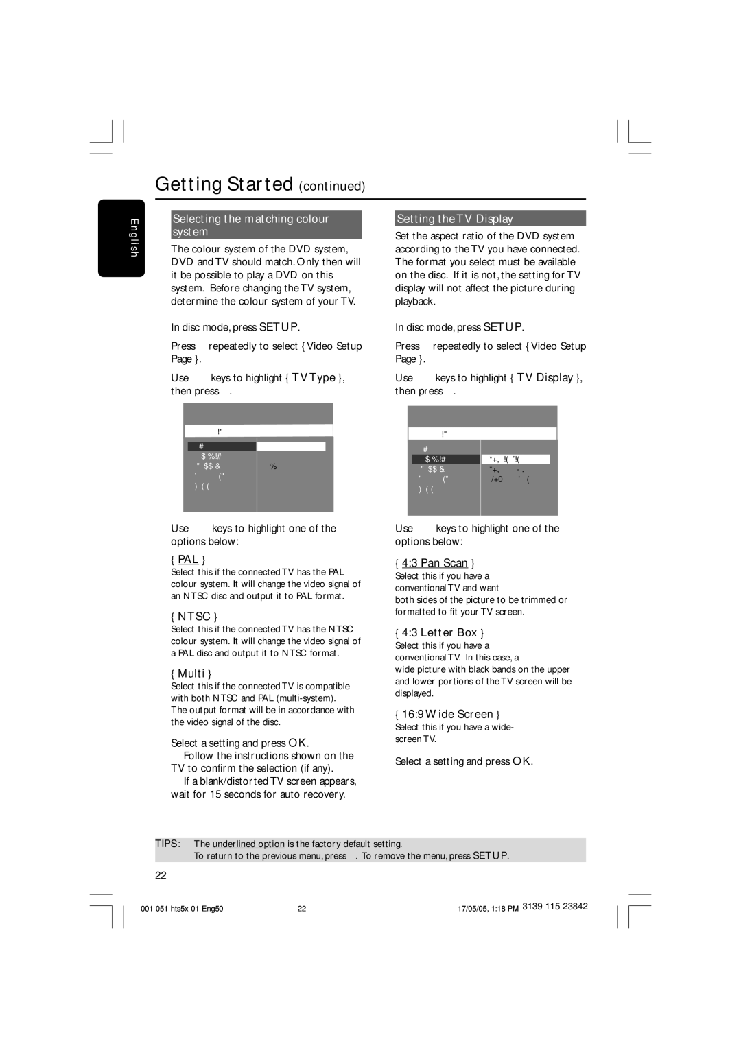 Philips HTS5000W user manual Selecting the matching colour Setting the TV Display, System 