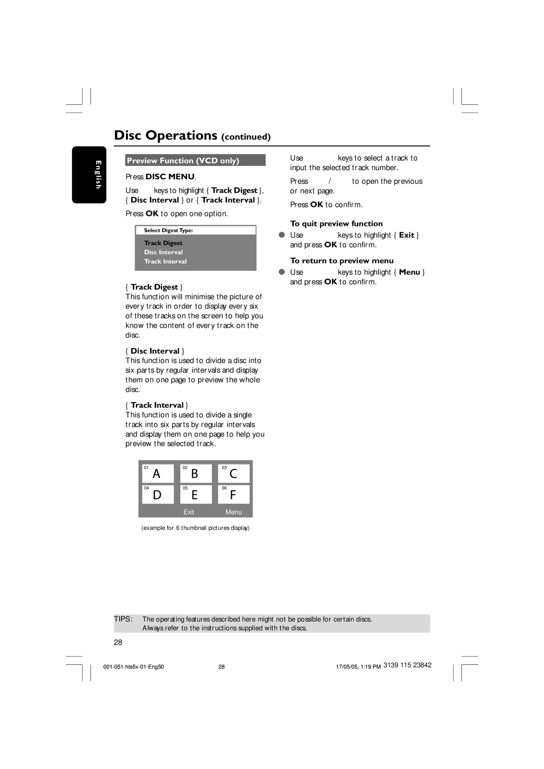 Philips HTS5000W user manual Preview Function VCD only 