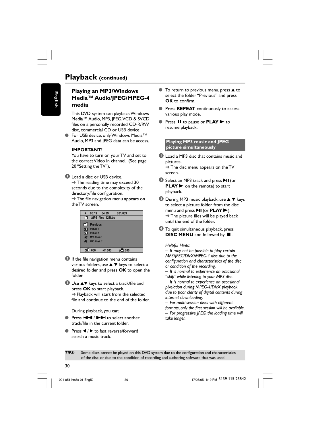 Philips HTS5000W Playing an MP3/Windows Media Audio/JPEG/MPEG-4 media, Playing MP3 music and Jpeg picture simultaneously 