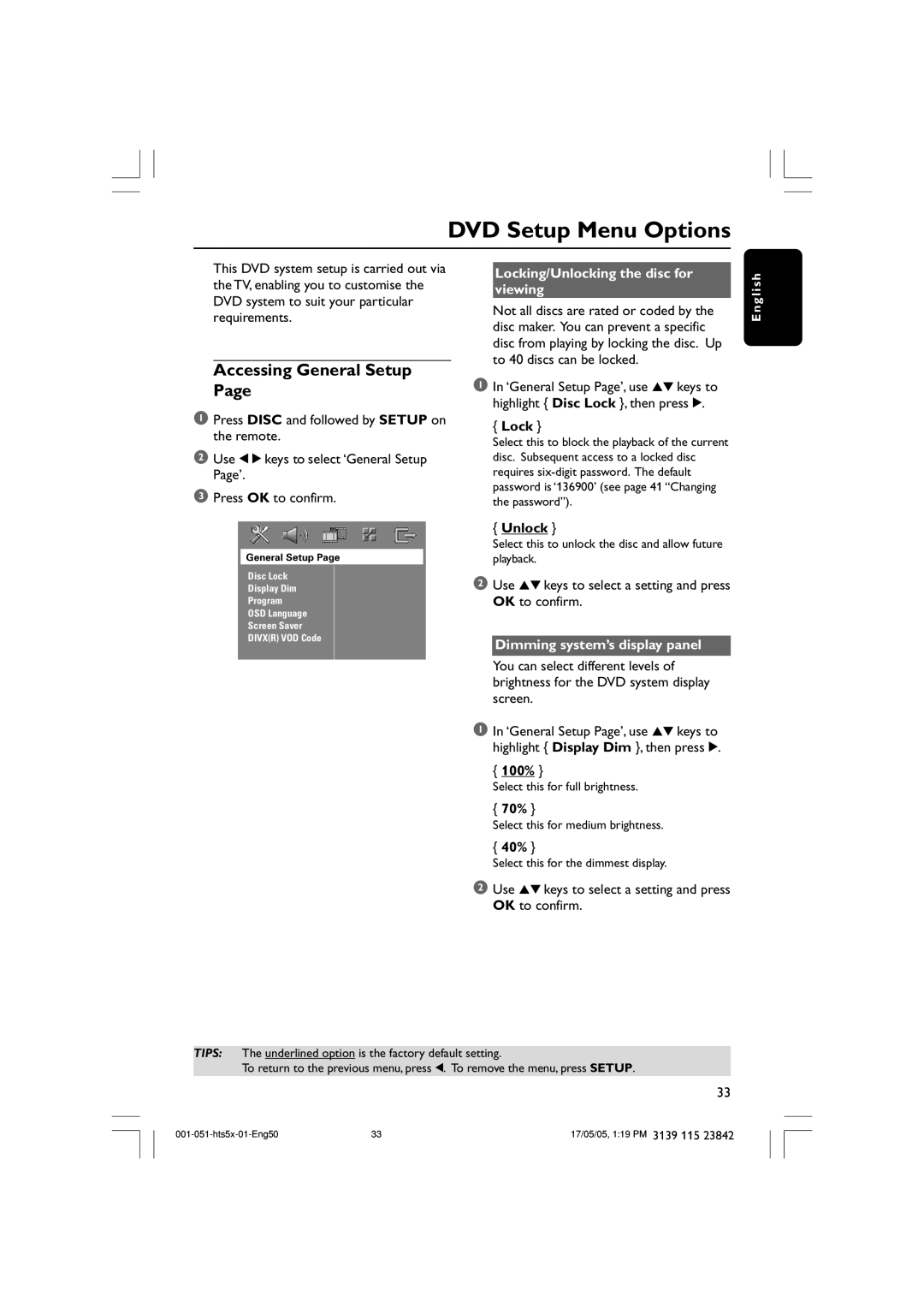 Philips HTS5000W user manual DVD Setup Menu Options, Accessing General Setup, Locking/Unlocking the disc for viewing 