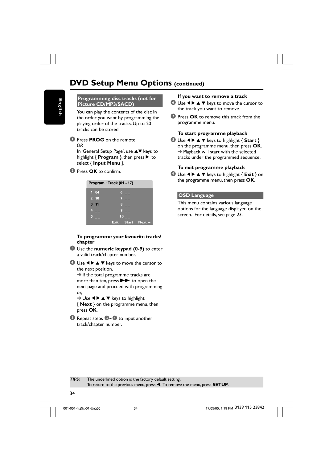 Philips HTS5000W Programming disc tracks not for Picture CD/MP3/SACD, If you want to remove a track, OSD Language 