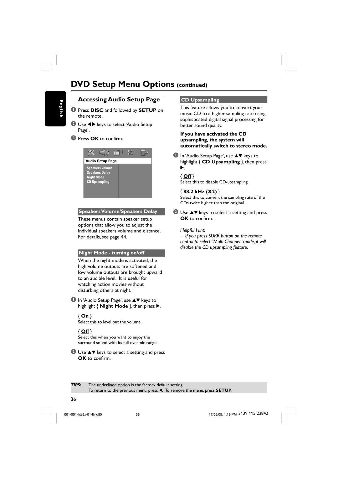 Philips HTS5000W Accessing Audio Setup, CD Upsampling, 88.2 kHz, Speakers Volume/Speakers Delay, Night Mode turning on/off 