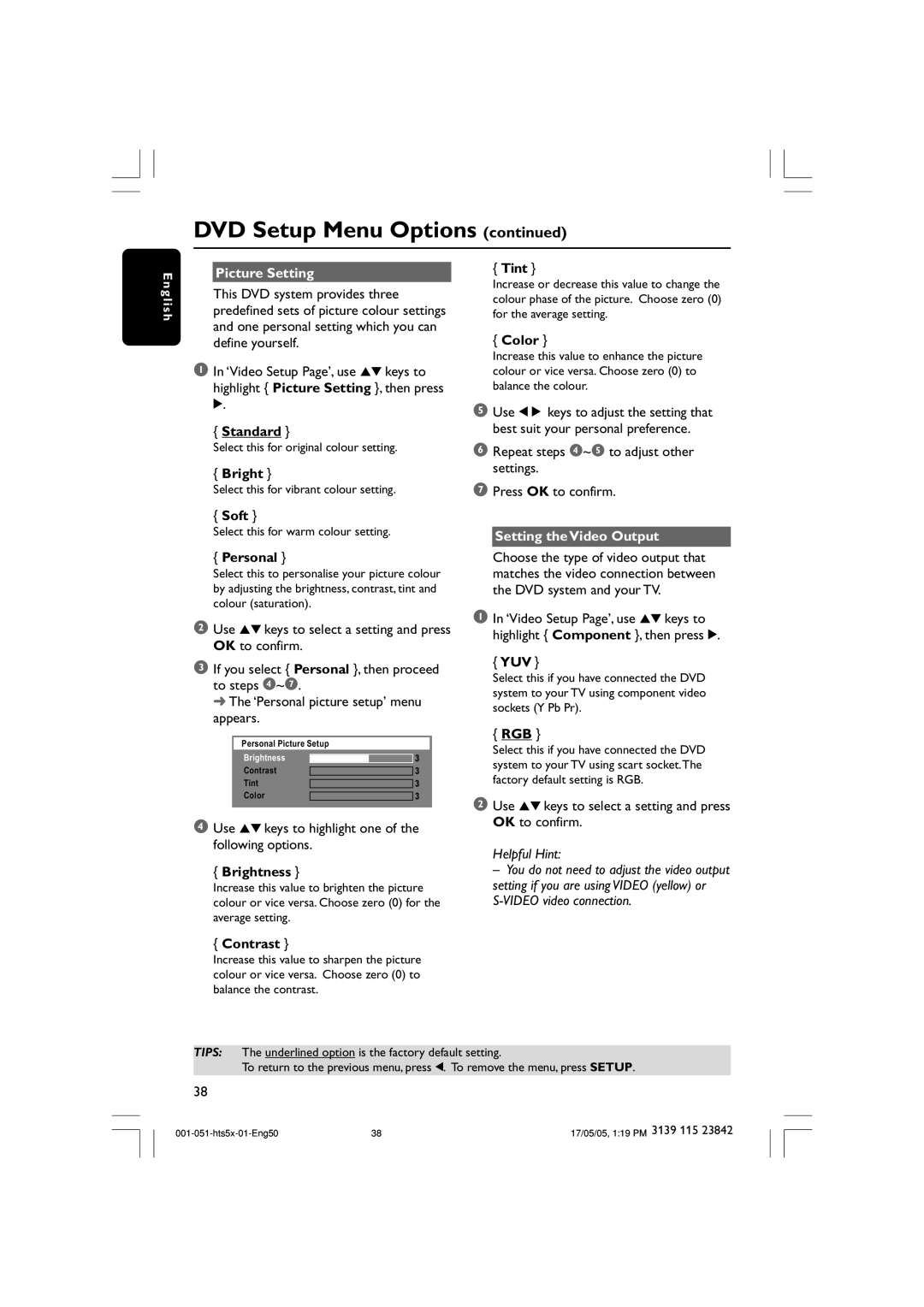 Philips HTS5000W user manual Picture Setting, Setting the Video Output 