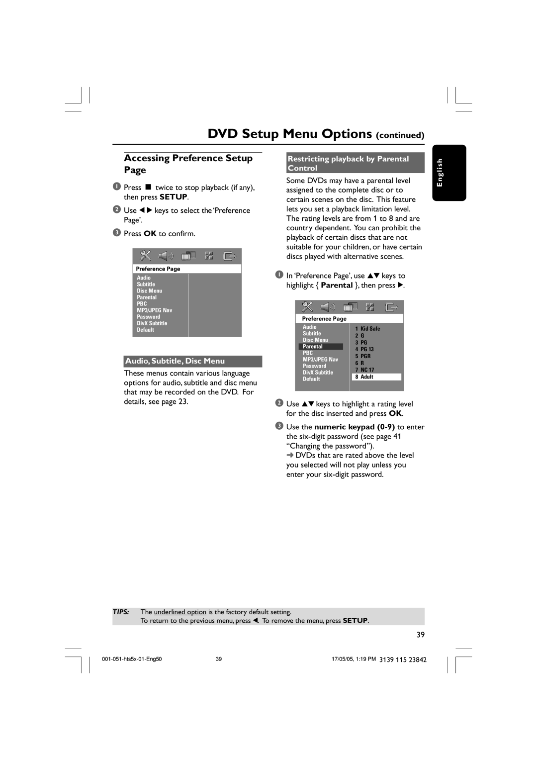 Philips HTS5000W Accessing Preference Setup, Audio, Subtitle, Disc Menu, Restricting playback by Parental Control 