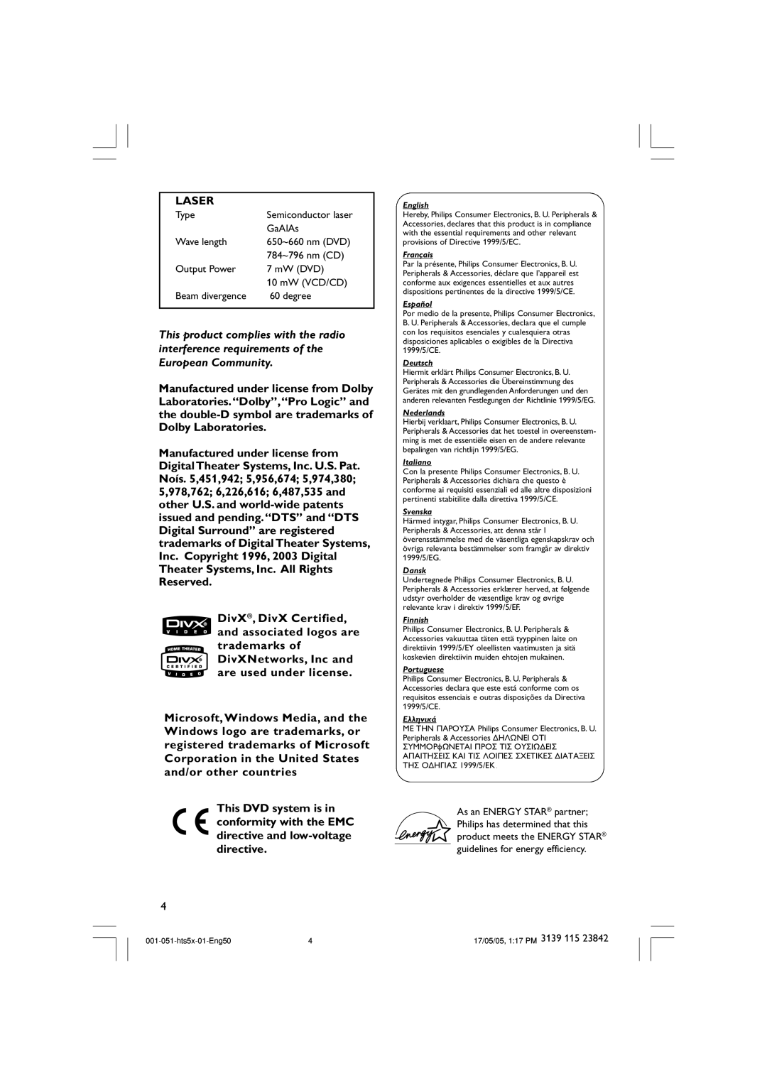 Philips HTS5000W user manual Type, GaAlAs, Wave length, 784~796 nm CD, Output Power MW DVD MW VCD/CD Beam divergence Degree 