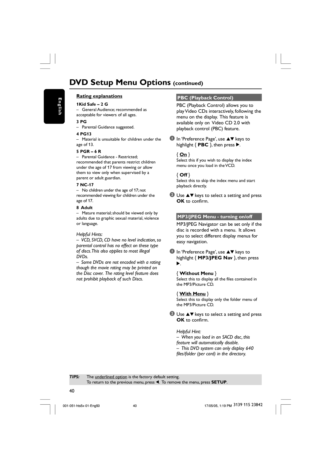 Philips HTS5000W Rating explanations, PBC Playback Control, MP3/JPEG Menu turning on/off, Without Menu, With Menu 