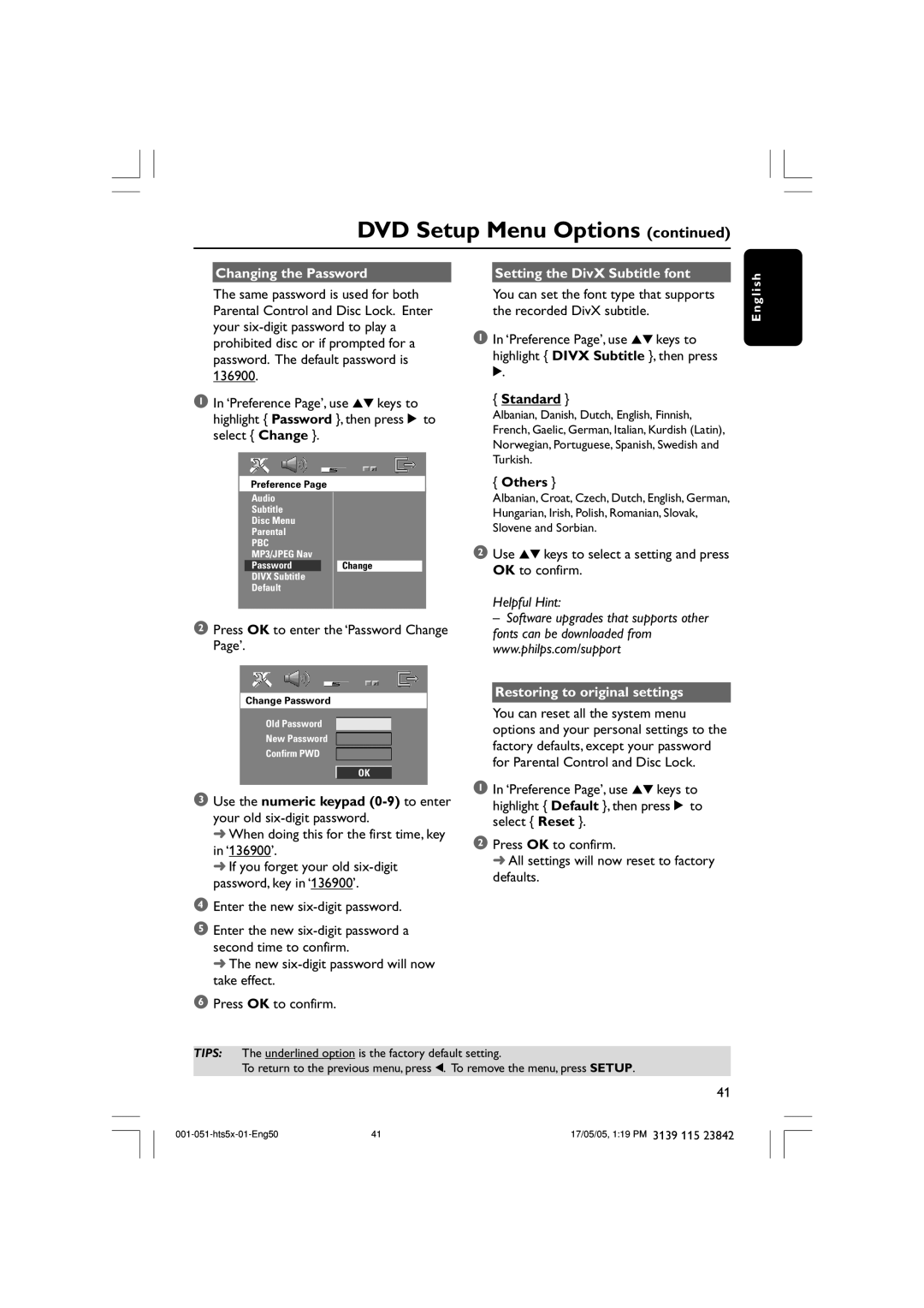 Philips HTS5000W user manual Changing the Password Setting the DivX Subtitle font, Others, Restoring to original settings 