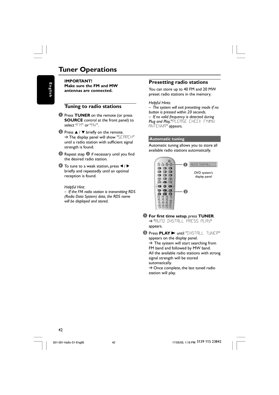 Philips HTS5000W user manual Tuner Operations, Tuning to radio stations, Presetting radio stations, Automatic tuning 