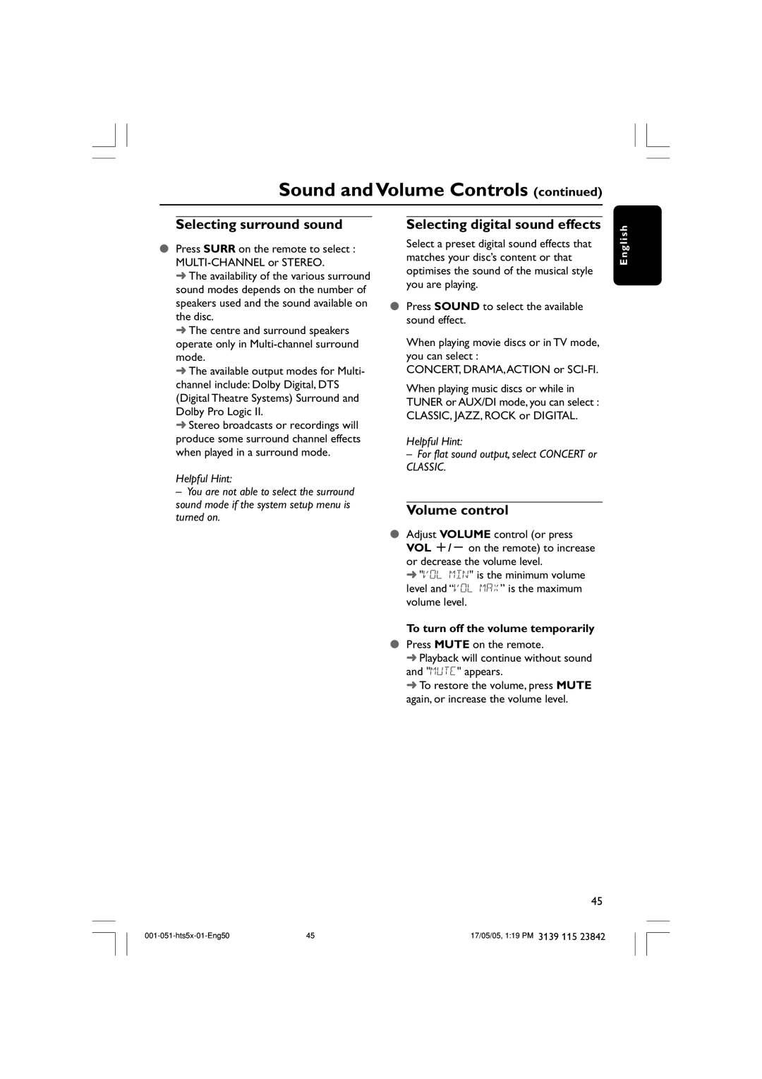 Philips HTS5000W user manual Selecting surround sound, Selecting digital sound effects, Volume control 