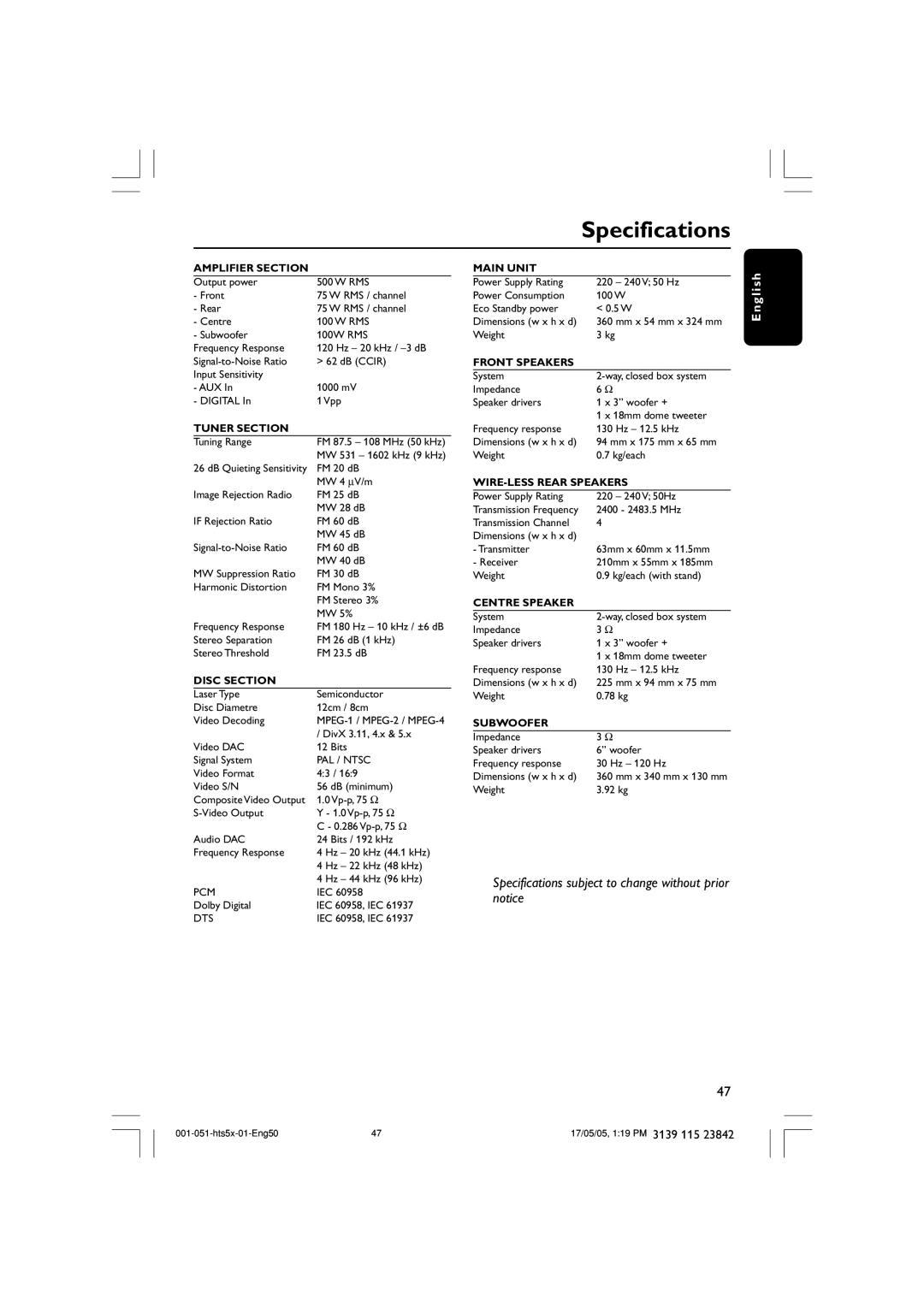 Philips HTS5000W user manual Specifications, Amplifier Section 