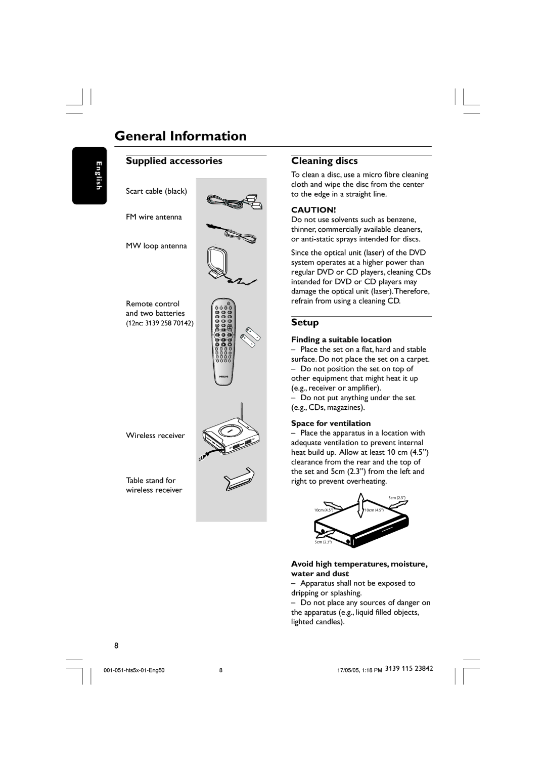 Philips HTS5000W user manual General Information, Supplied accessories, Cleaning discs, Setup 