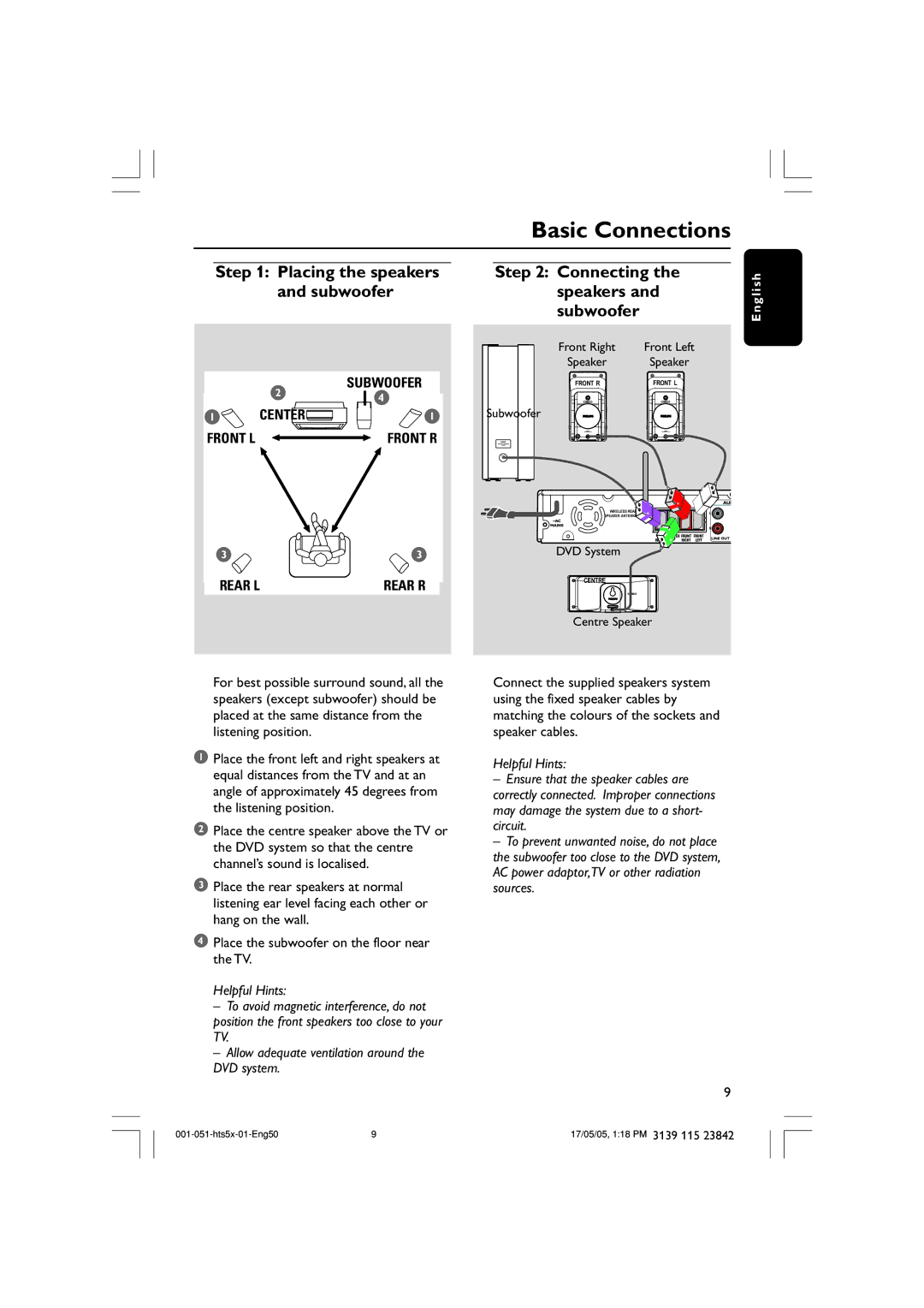 Philips HTS5000W Basic Connections, Connecting the speakers and subwoofer, Subwoofer, DVD System, Centre Speaker 