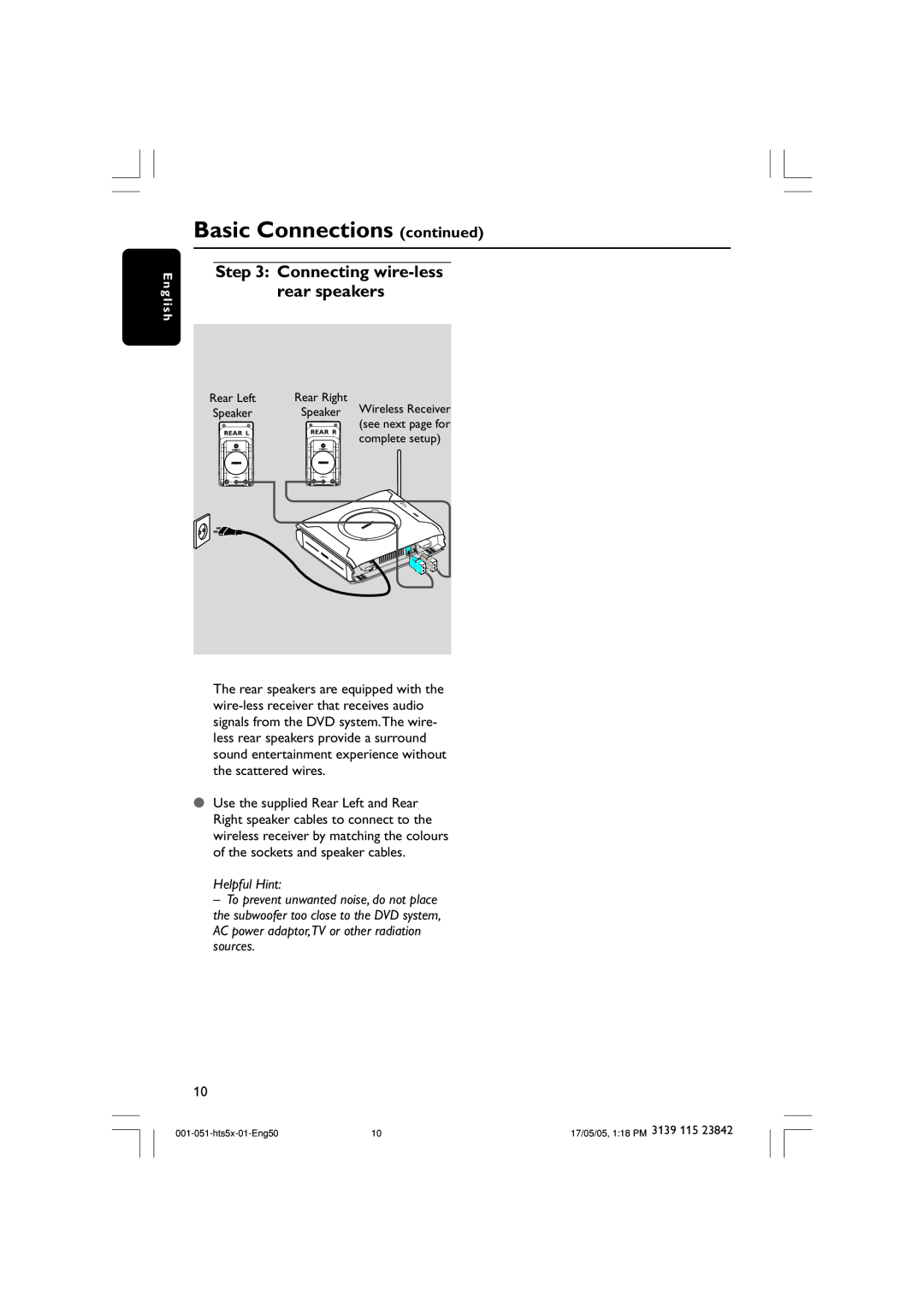 Philips HTS5000W user manual Basic Connections continued, Connecting wire-lessrear speakers, Helpful Hint, E n g l i s h 
