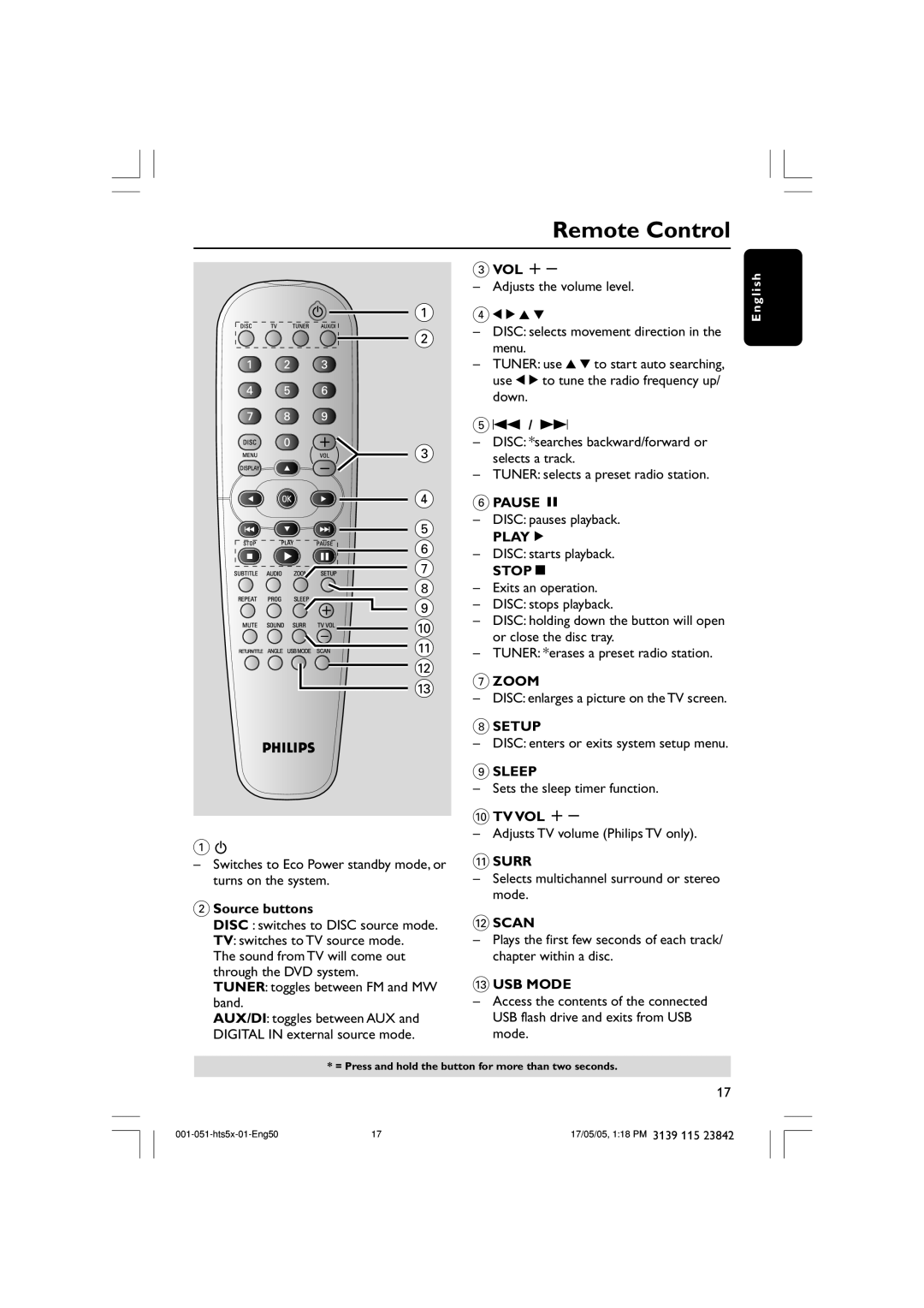 Philips HTS5000W Remote Control, 2Source buttons, 3VOL +, 6PAUSE Å, Playé, Stopç, 7ZOOM, 8SETUP, 9SLEEP, 0TV VOL +, Surr 