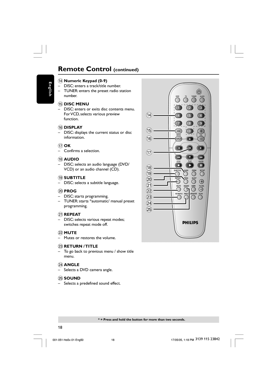 Philips HTS5000W Remote Control continued, $ %, £ ≤ ∞, $Numeric Keypad, Disc Menu, Display, Audio, Subtitle, Prog, ¡Repeat 