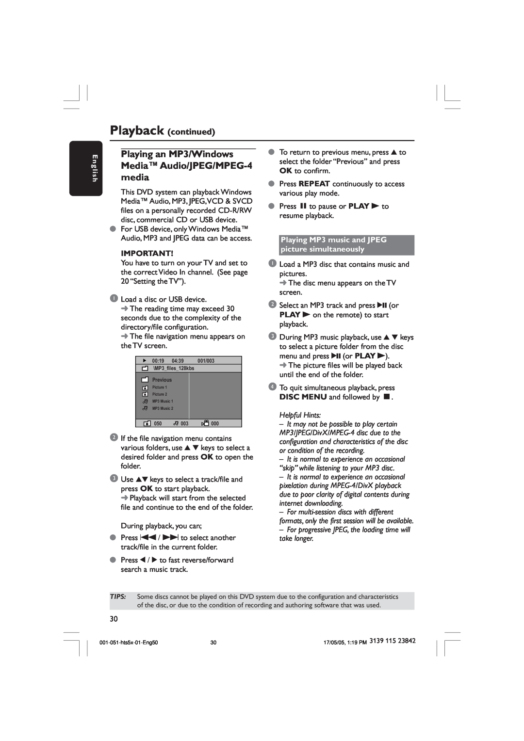 Philips HTS5000W user manual Playback continued, Playing MP3 music and JPEG picture simultaneously, Helpful Hints 