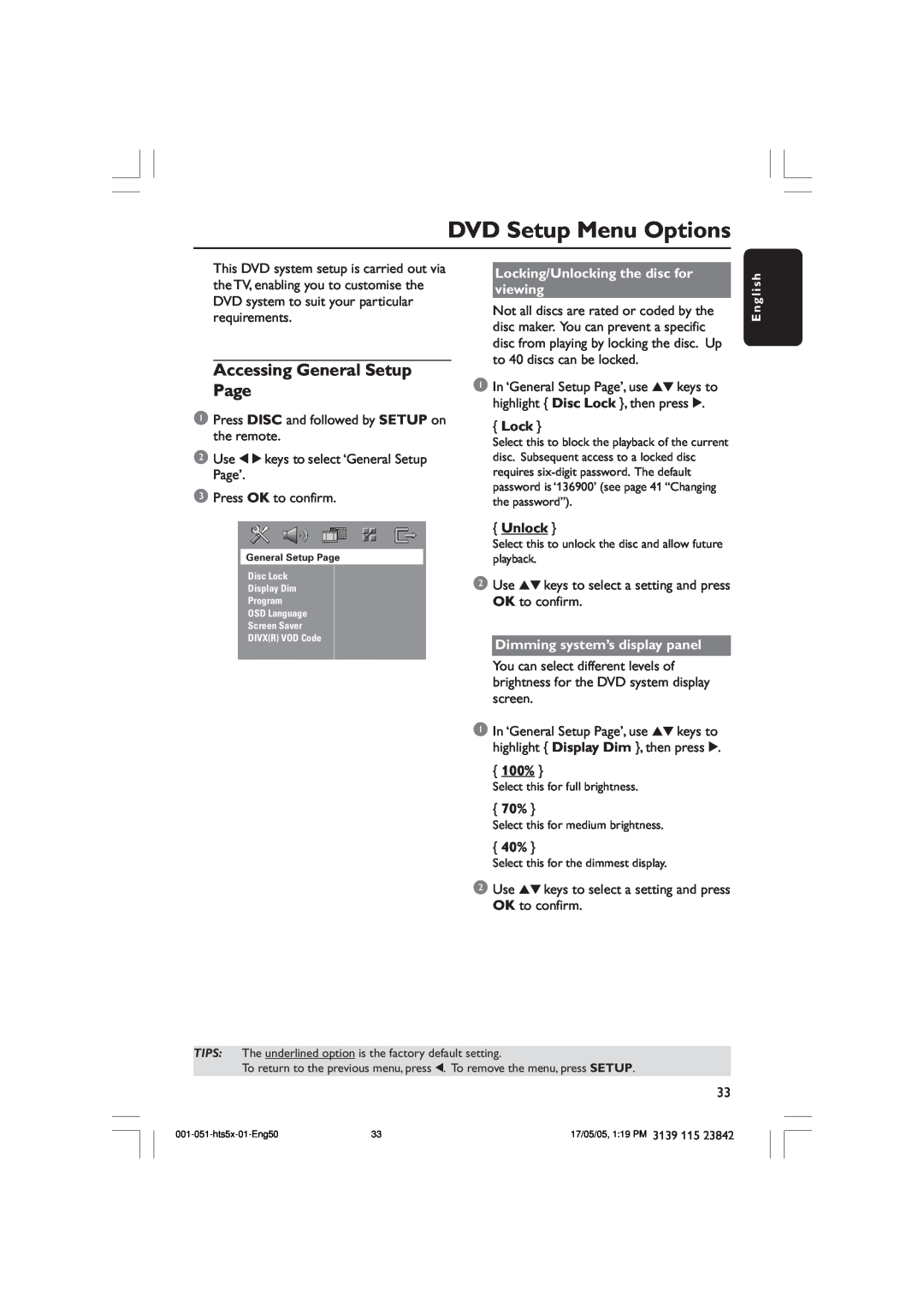 Philips HTS5000W DVD Setup Menu Options, Accessing General Setup Page, Locking/Unlocking the disc for viewing, 100% 
