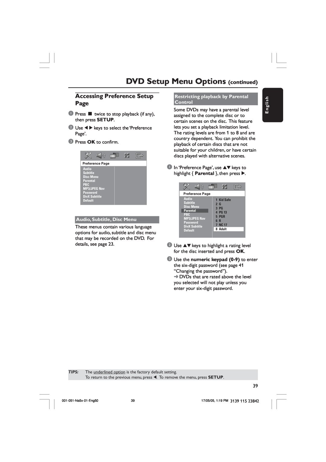 Philips HTS5000W user manual Accessing Preference Setup Page, DVD Setup Menu Options continued, Audio, Subtitle, Disc Menu 