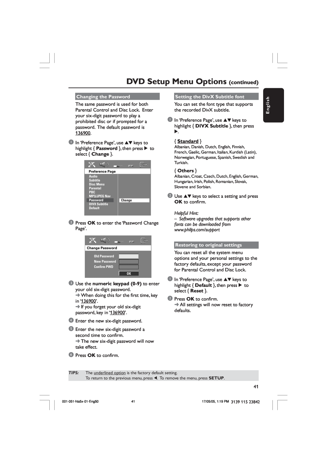 Philips HTS5000W DVD Setup Menu Options continued, Changing the Password, Setting the DivX Subtitle font, Standard, Others 
