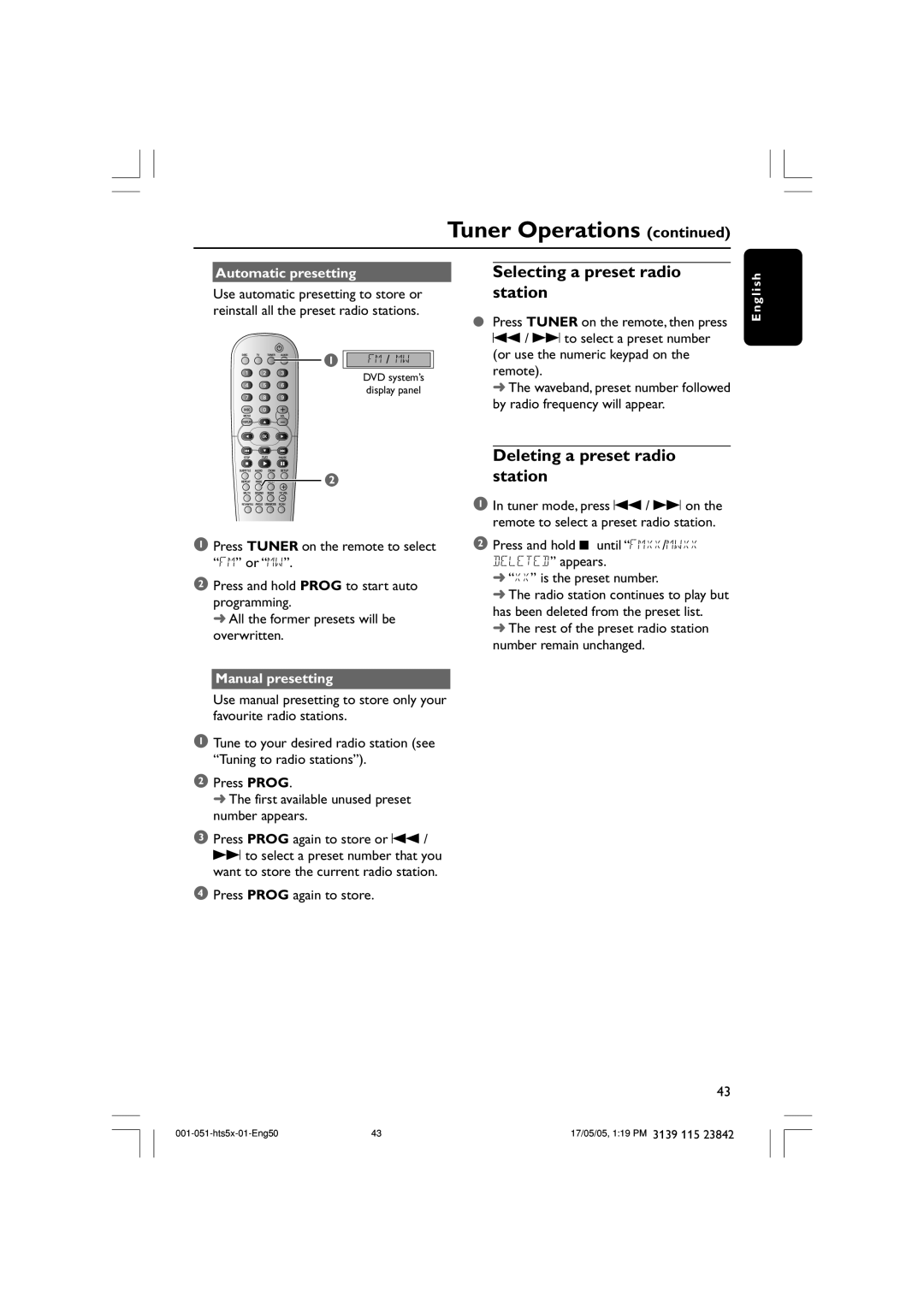 Philips HTS5000W user manual Tuner Operations continued, Selecting a preset radio station, Deleting a preset radio station 