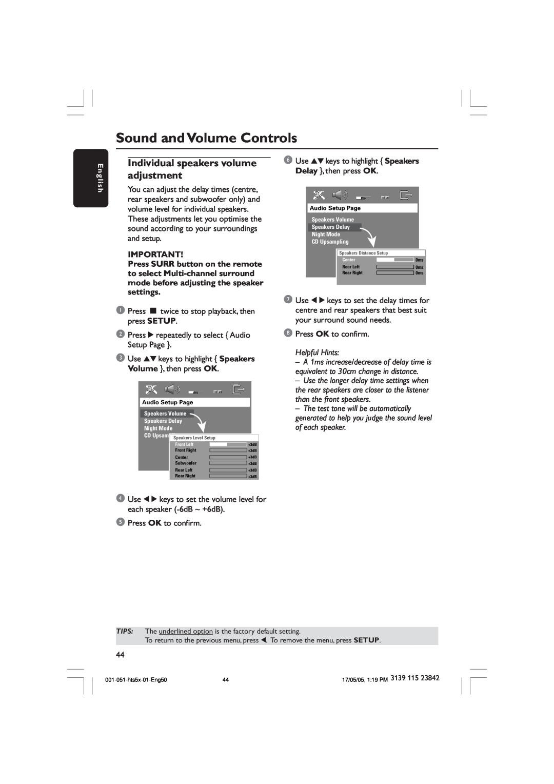 Philips HTS5000W user manual Sound and Volume Controls, Individual speakers volume adjustment, E n g l i s h 