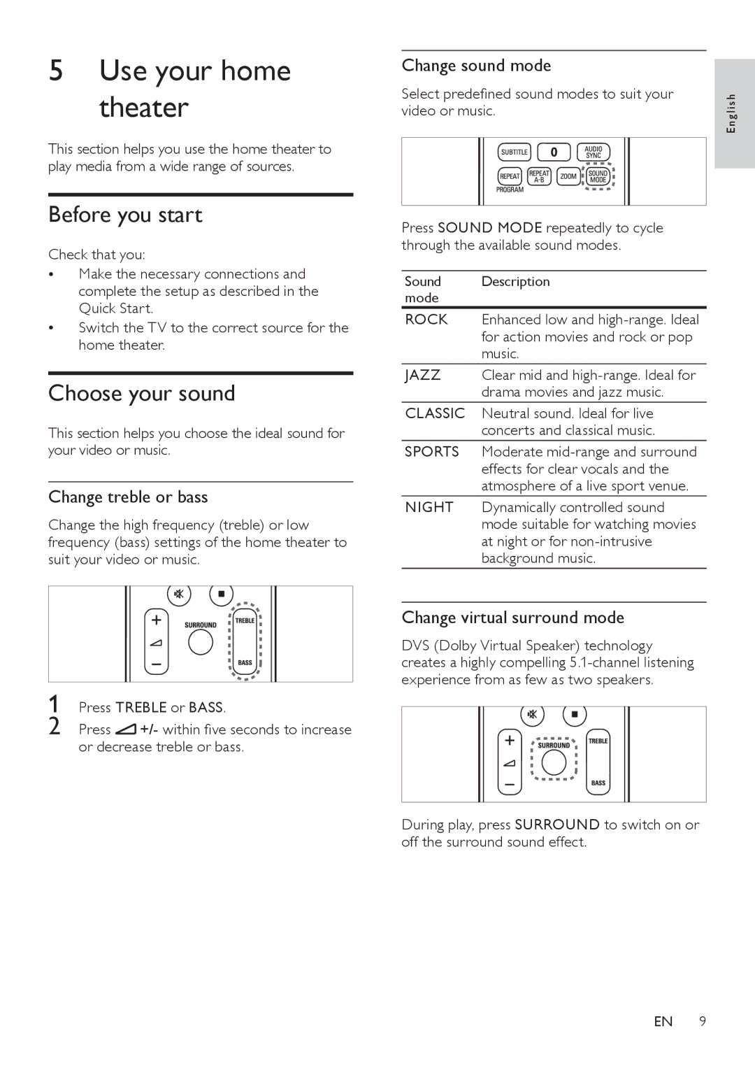 Philips HTS5110 user manual Use your home theater, Before you start, Choose your sound 