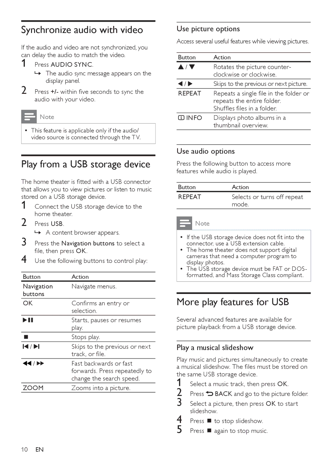 Philips HTS5110 user manual Synchronize audio with video, Play from a USB storage device, More play features for USB 