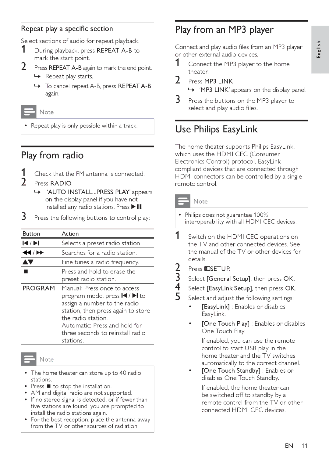 Philips HTS5110 Play from radio, Play from an MP3 player, Use Philips EasyLink, Repeat play a specific section, Program 