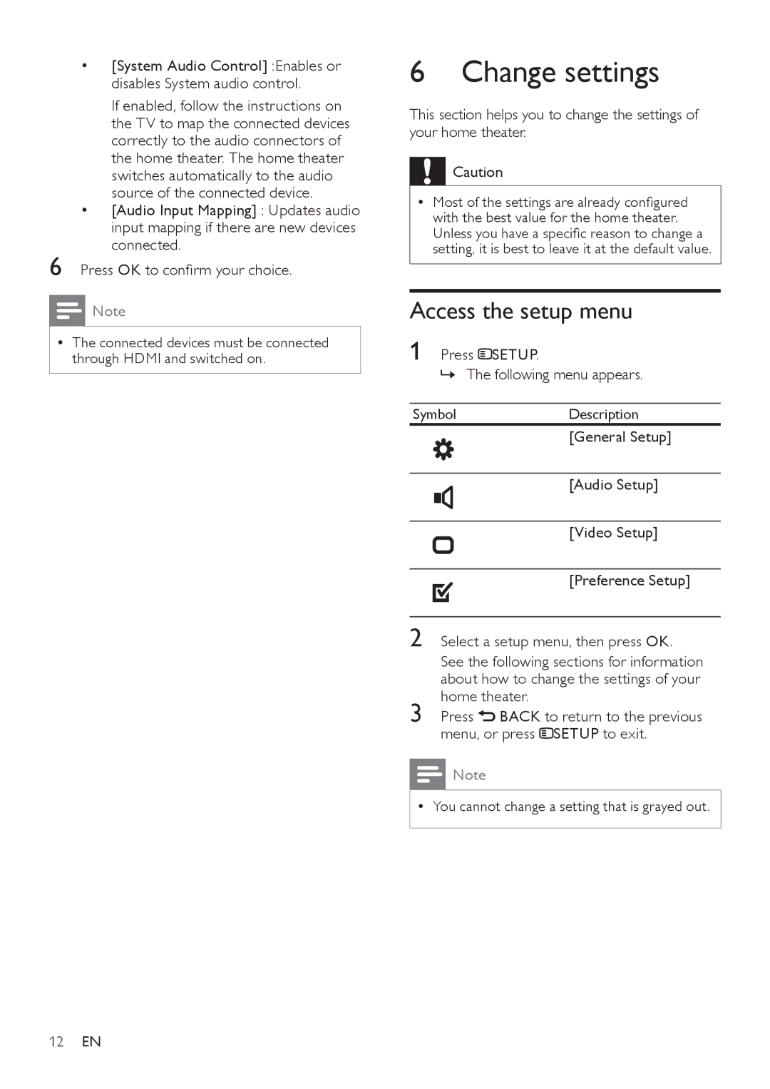 Philips HTS5110 user manual Change settings, Access the setup menu 