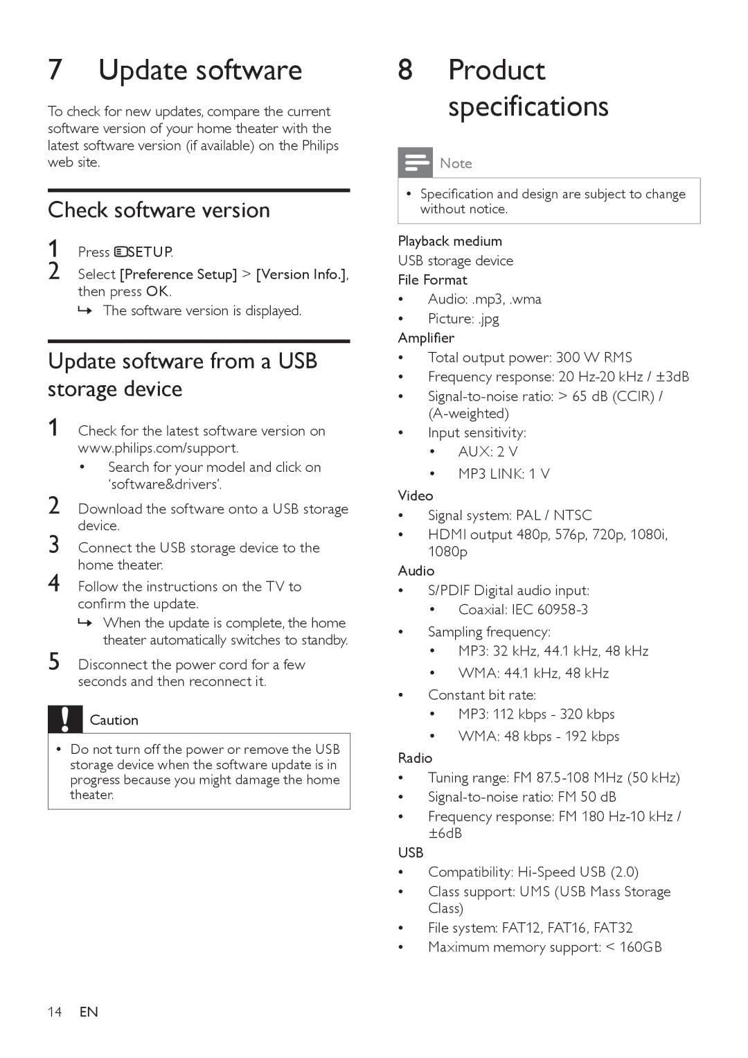 Philips HTS5110 user manual Check software version, Update software from a USB storage device, Usb 