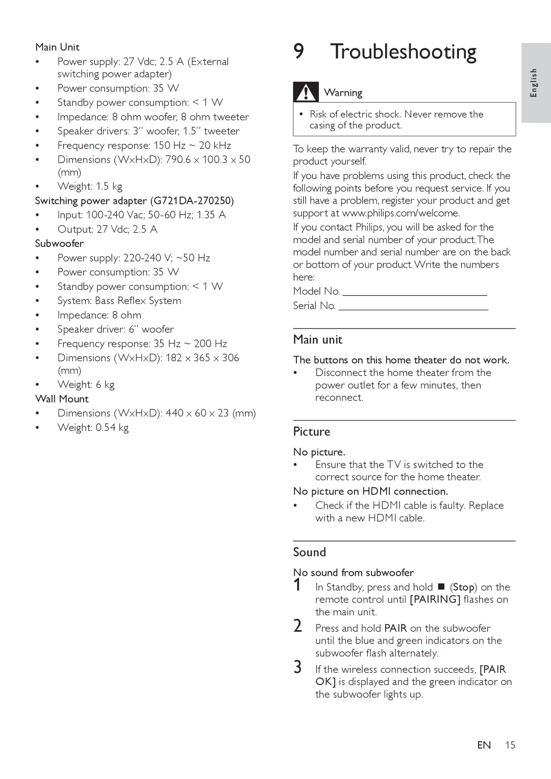 Philips HTS5110 user manual Troubleshooting, Main unit, Picture, Sound 