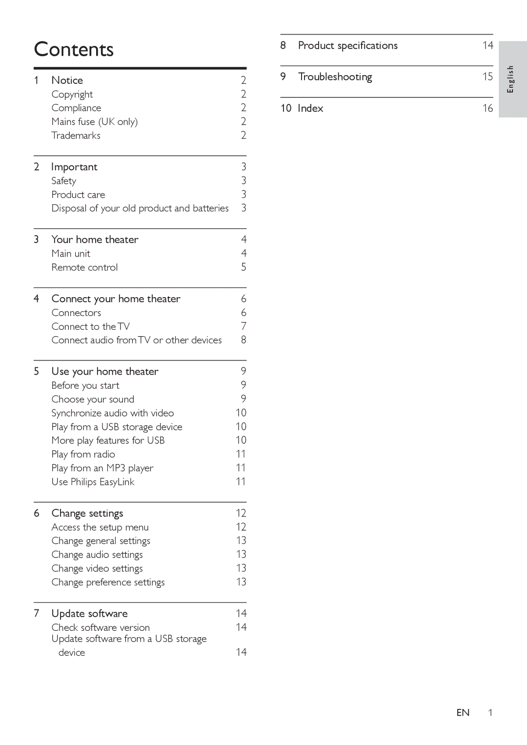 Philips HTS5110 user manual Contents 