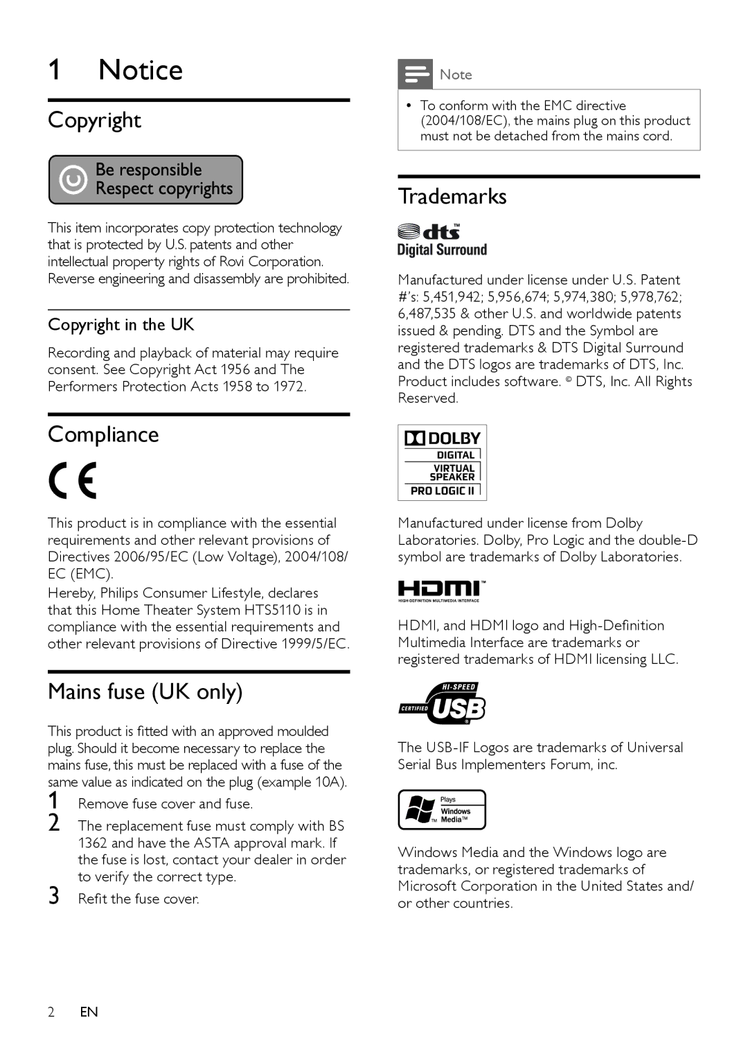 Philips HTS5110 user manual Compliance, Mains fuse UK only, Trademarks, Copyright in the UK 