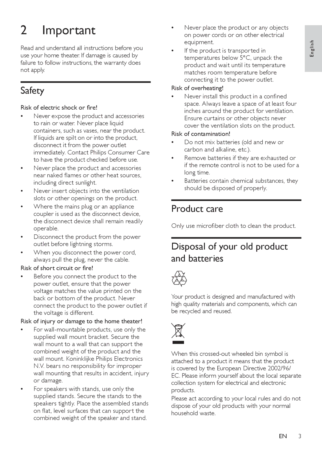 Philips HTS5110 user manual Safety, Product care, Disposal of your old product and batteries 