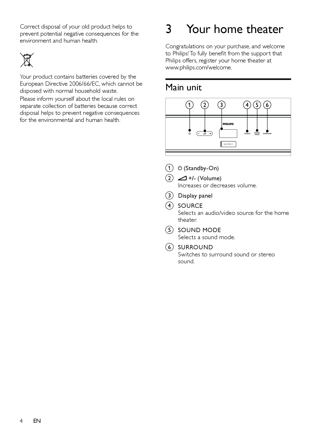 Philips HTS5110 user manual Your home theater, Main unit, Source, Surround 