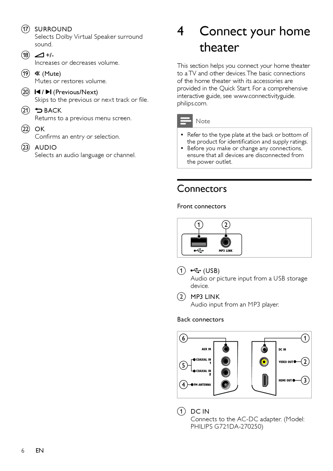 Philips HTS5110 user manual Connect your home theater, Connectors, Back, Audio, MP3 Link 