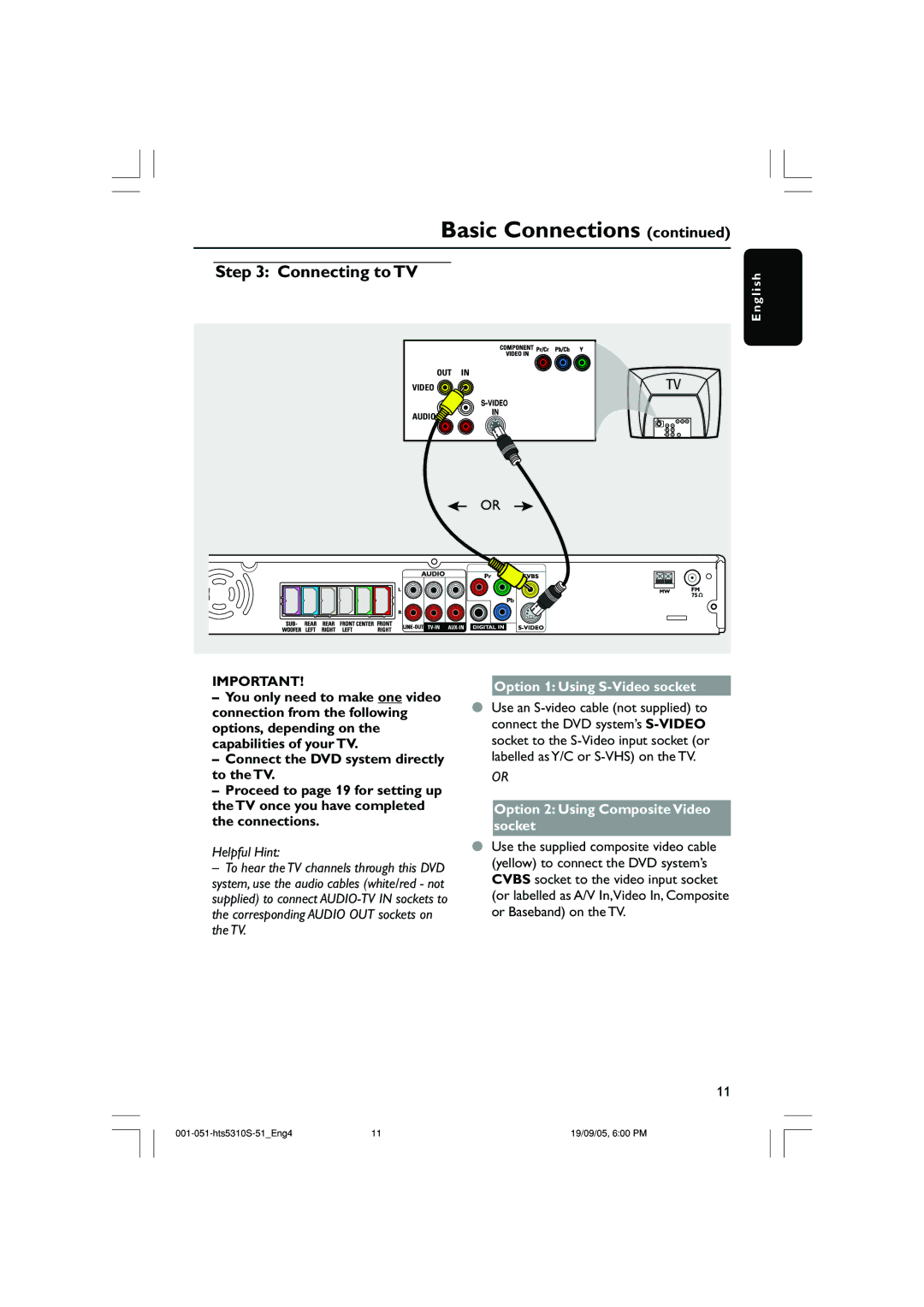 Philips HTS5310K/51 user manual Connecting to TV, Option 1 Using S-Video socket, Option 2 Using Composite Video socket 