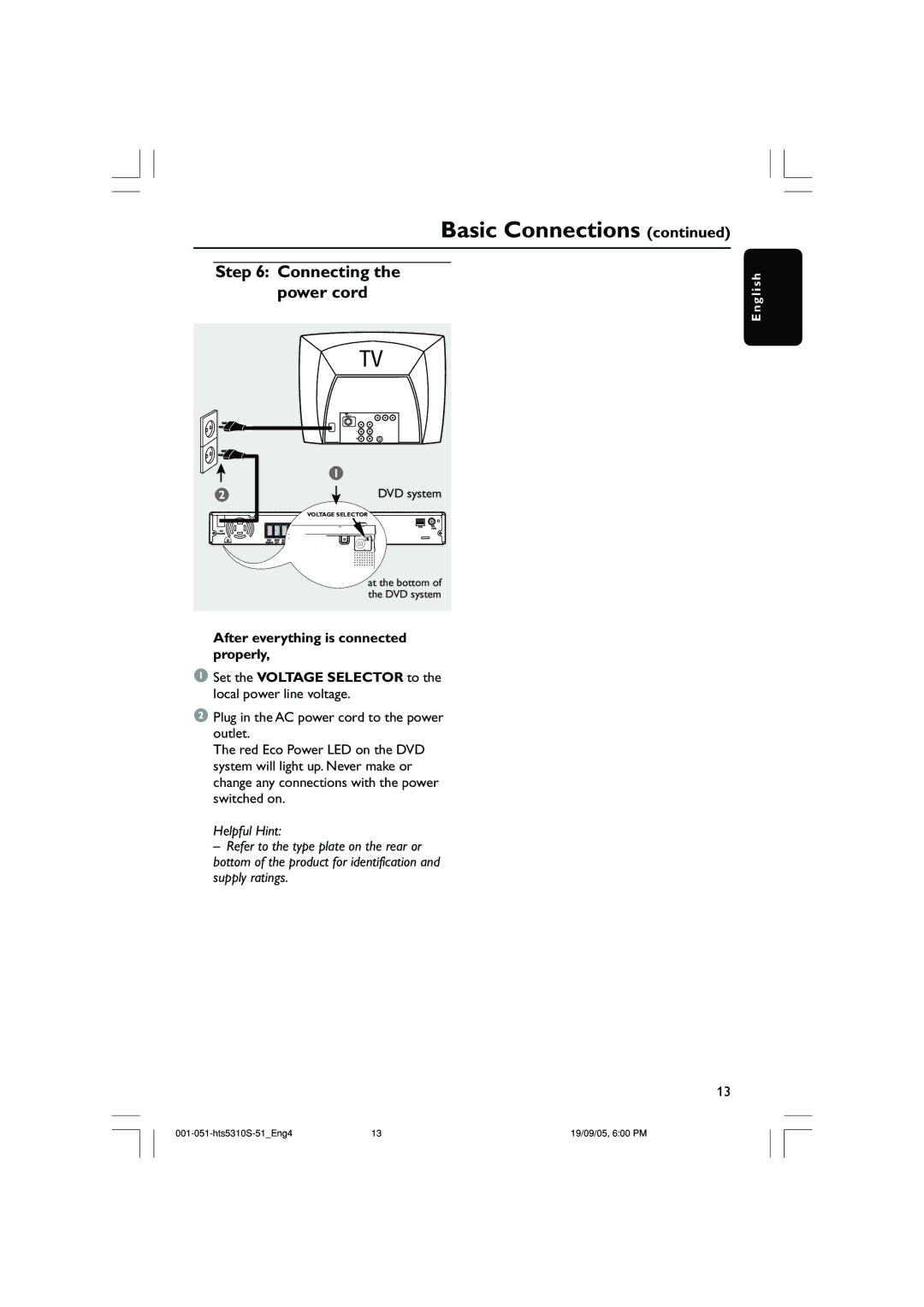 Philips HTS5310K/51 user manual Connecting the power cord 