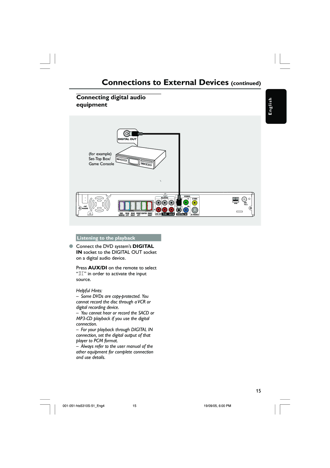 Philips HTS5310K/51 user manual Connecting digital audio equipment, Listening to the playback 