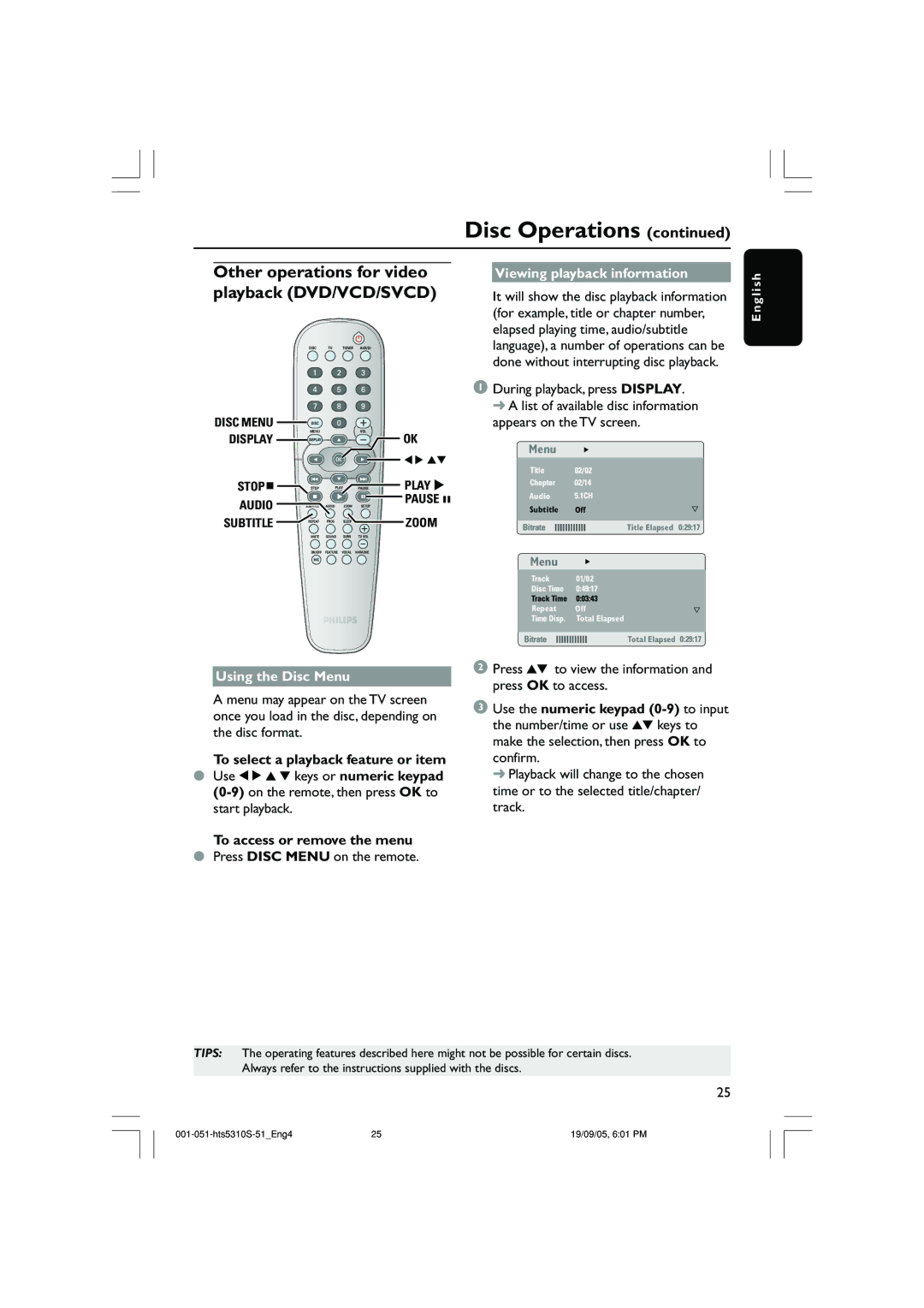 Philips HTS5310K Other operations for video playback DVD/VCD/SVCD, Using the Disc Menu, To access or remove the menu 