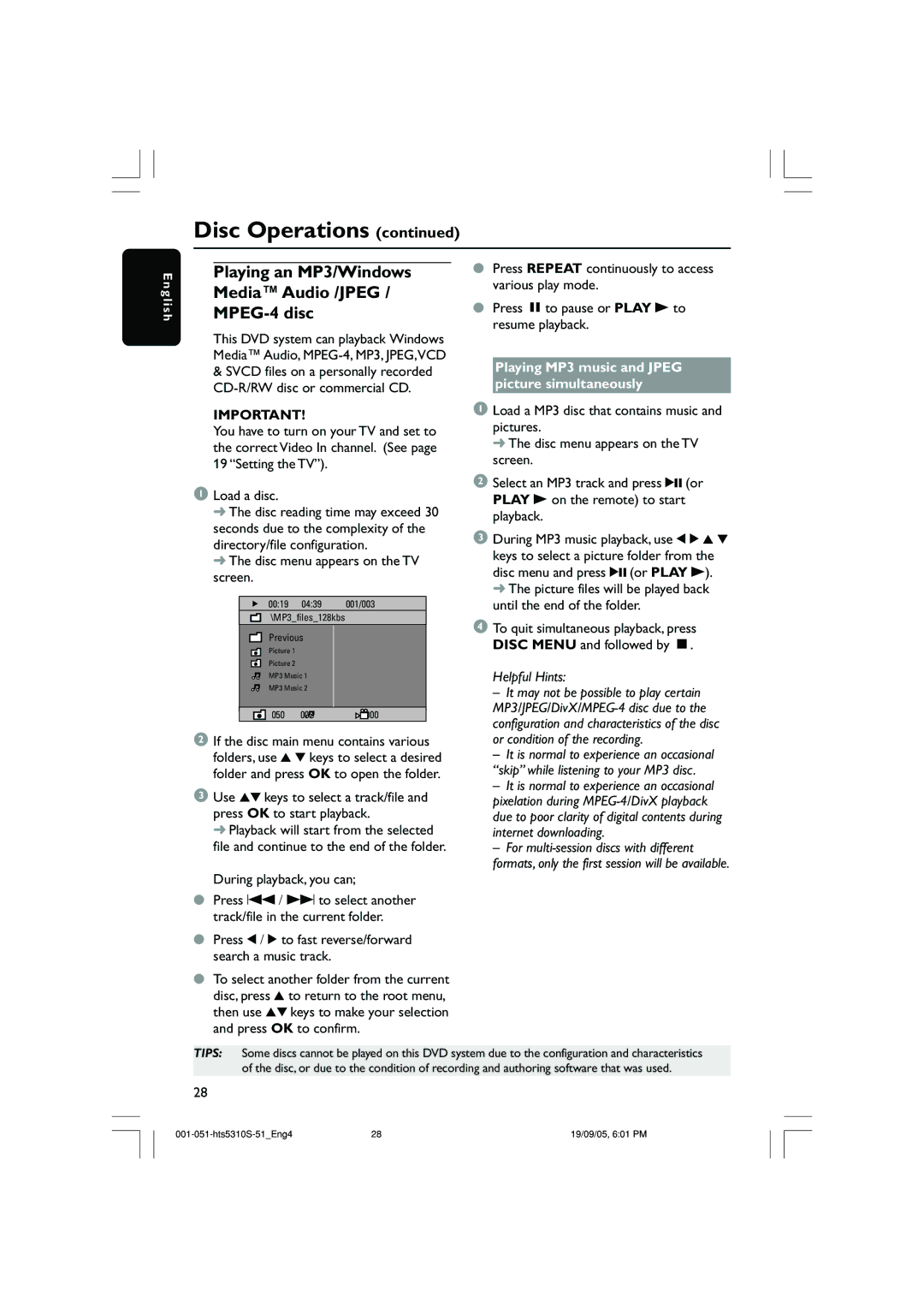 Philips HTS5310K/51 user manual Playing an MP3/Windows Media Audio /JPEG / MPEG-4 disc, Disc menu appears on the TV screen 