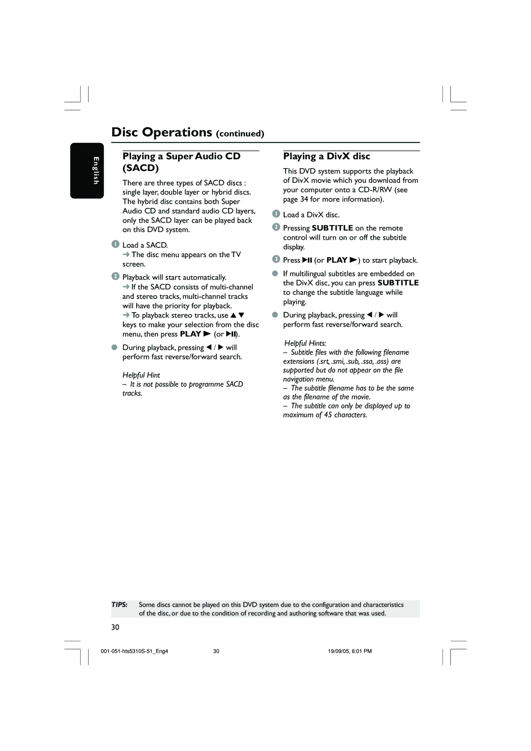 Philips HTS5310K/51 user manual Playing a Super Audio CD Sacd, Playing a DivX disc 