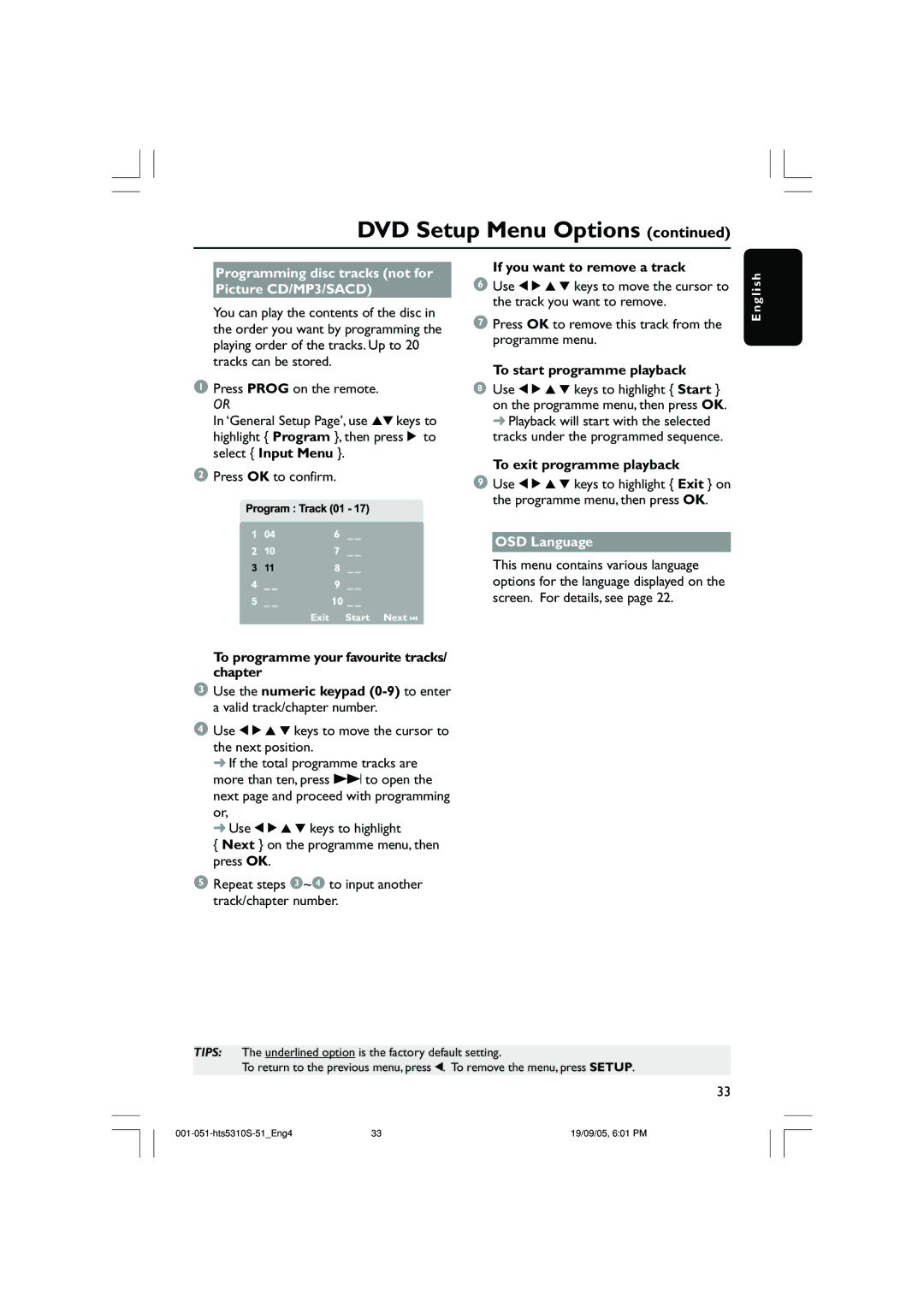 Philips HTS5310K Programming disc tracks not for Picture CD/MP3/SACD, If you want to remove a track, OSD Language 